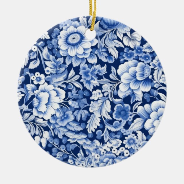 Indigo Blue Flowers Ceramic Tree Decoration (Front)