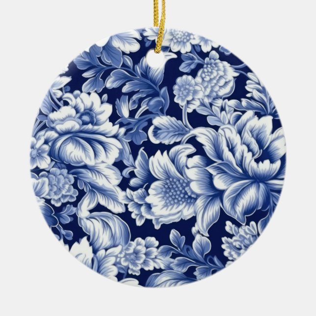 Indigo Blue Flowers Ceramic Tree Decoration (Front)