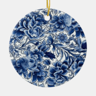 Indigo Blue Flowers Ceramic Tree Decoration