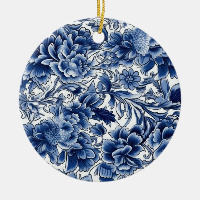 Indigo Blue Flowers Ceramic Tree Decoration (Front)