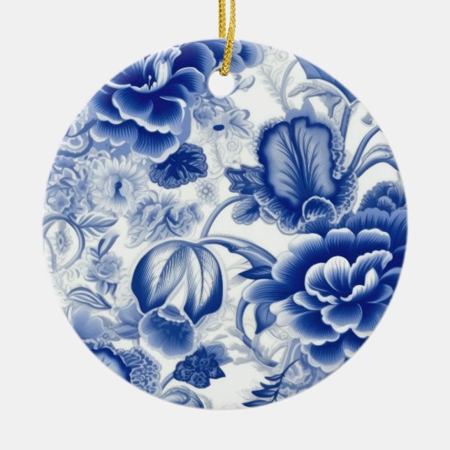 Indigo Blue Flowers Ceramic Tree Decoration (Front)
