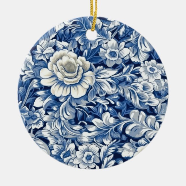 Indigo Blue Flowers Ceramic Tree Decoration (Front)