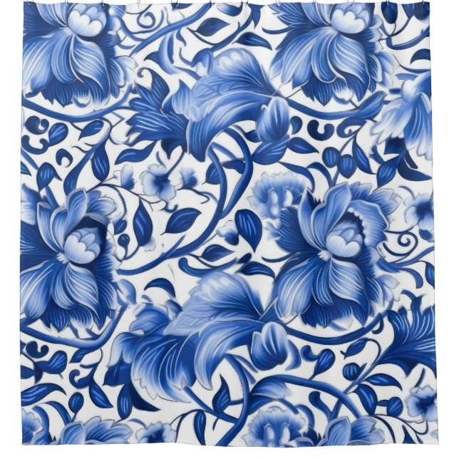 Indigo Blue Flowers Shower Curtain (Front)