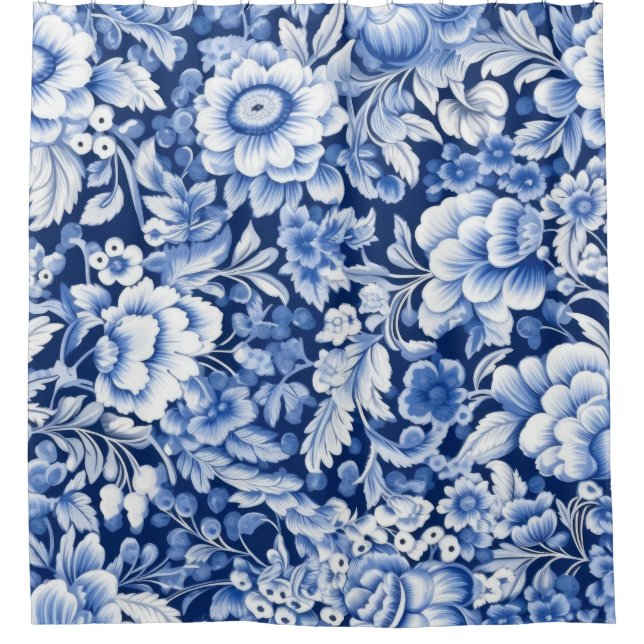 Indigo Blue Flowers Shower Curtain (Front)