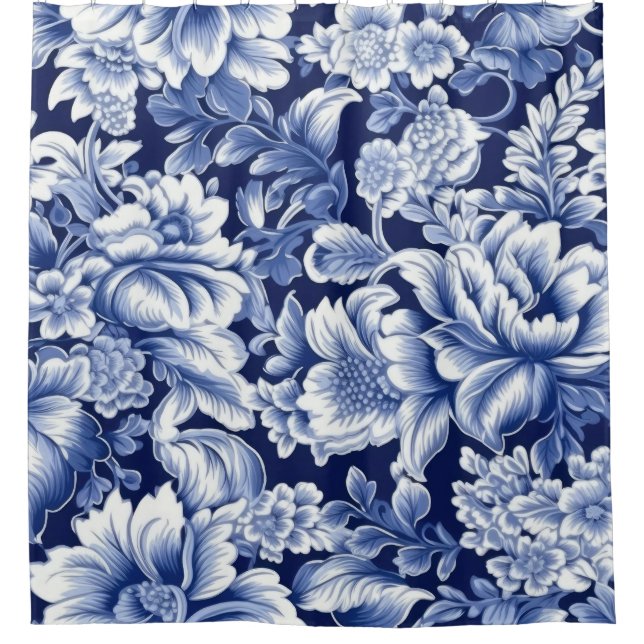 Indigo Blue Flowers Shower Curtain (Front)
