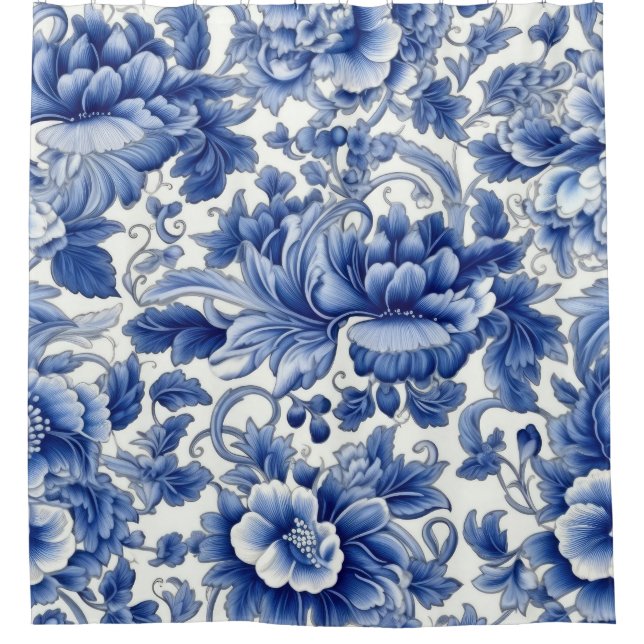 Indigo Blue Flowers Shower Curtain (Front)