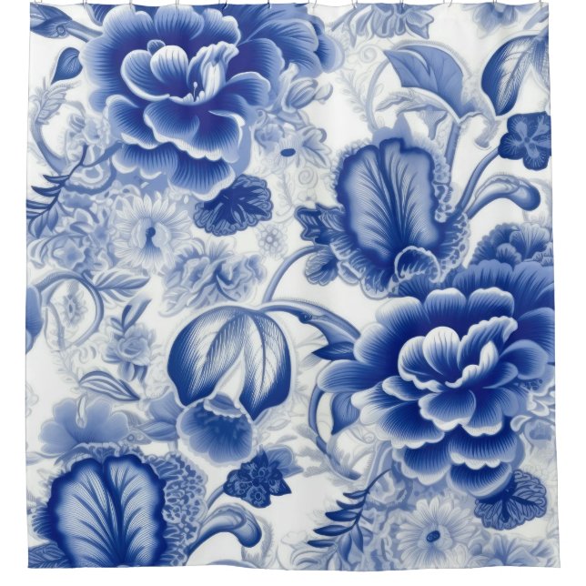Indigo Blue Flowers Shower Curtain (Front)