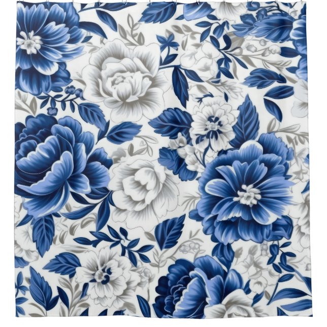 Indigo Blue Flowers Shower Curtain (Front)
