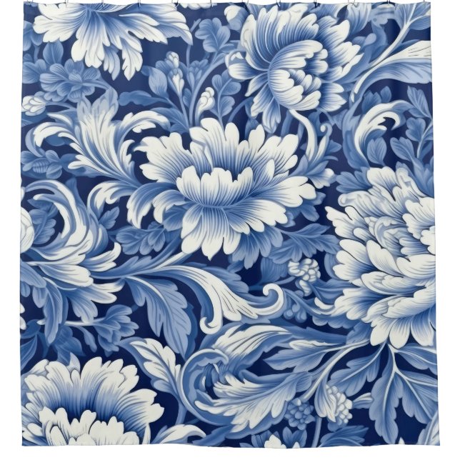 Indigo Blue Flowers Shower Curtain (Front)