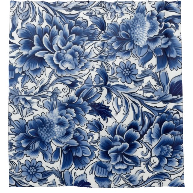 Indigo Blue Flowers Shower Curtain (Front)