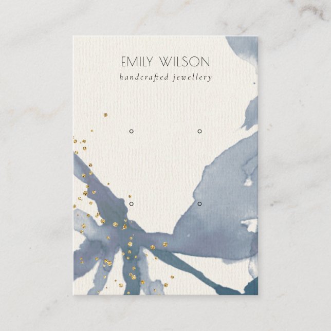 Indigo Blue Gold Abstract 2 Stud Earring Display Business Card (Front)