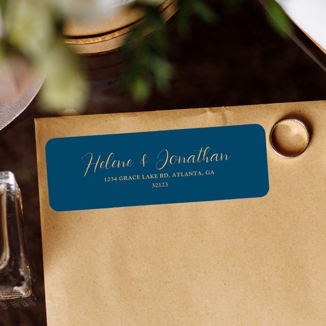 Indigo Blue Gold Wedding Return Address Label (Elegant Indigo Blue Gold Wedding Return Address Label)