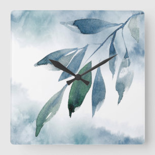 Indigo Blue Green Abstract Leaves Square Wall Clock