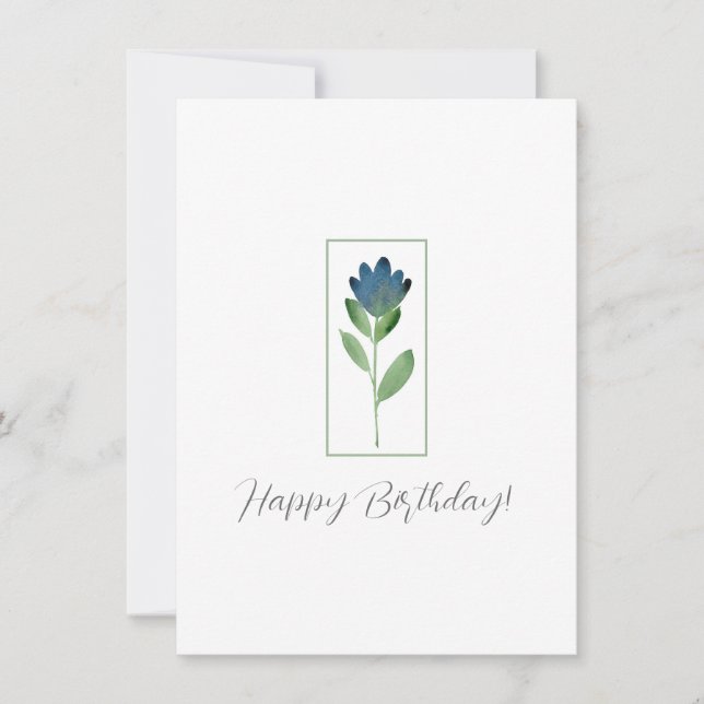 Indigo Blue, Green Watercolor Abstract Flower Card (Front)