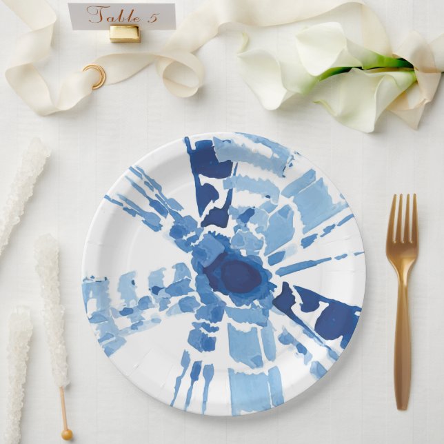 Indigo blue japanese shibori sunburst watercolor  paper plate (Wedding)