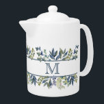 Indigo Blue Leaves Border Monogram<br><div class="desc">You'll love showing this pretty personalised tea pot on your table or in your kitchen. It features a pattern of indigo blue and green leaves and fern images making a border for your monogram at the centre. The monogram and images are placed on a white background, and repeated on the...</div>