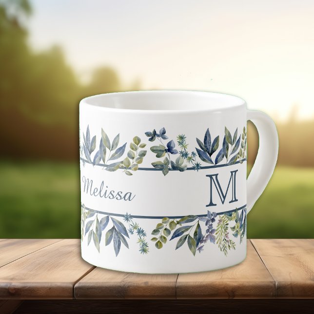 Indigo Blue Leaves Border Monogram Espresso Cup (Creator Uploaded)