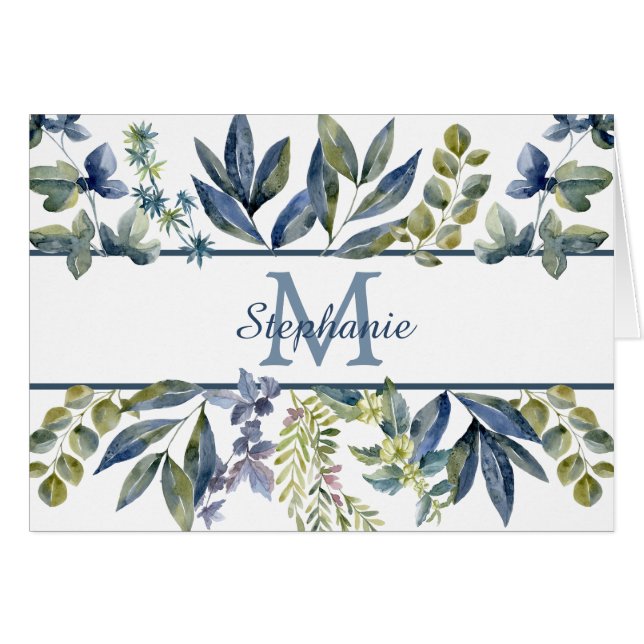 Indigo Blue Leaves Border Monogram Note Card (Front Horizontal)