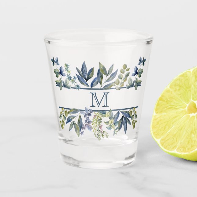 Indigo Blue Leaves Border Monogram Shot Glass (Front)
