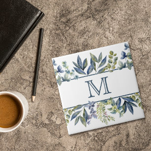 Indigo Blue Leaves Border Monogram Tile