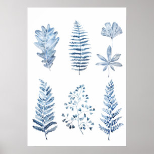 indigo blue leaves collection watercolor poster