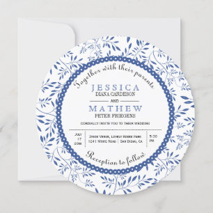 Indigo blue leaves pattern modern floral wedding invitation