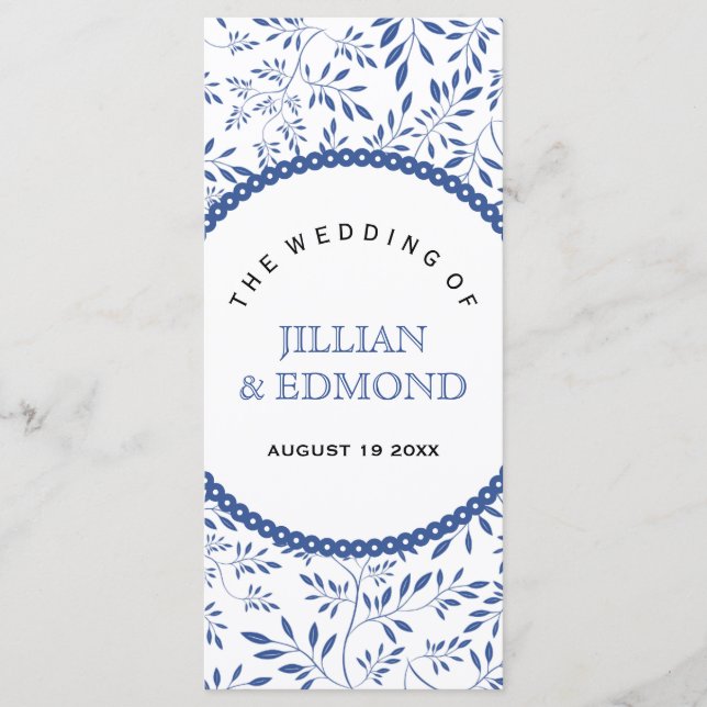 Indigo blue leaves pattern wedding program programme (Front)