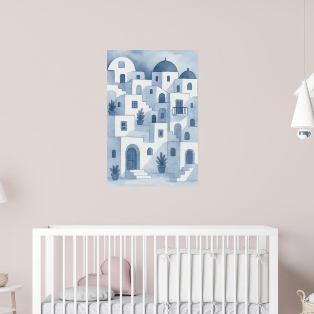 Indigo Blue Mediterranean Village Watercolor Wall  Poster (Nursery 2)