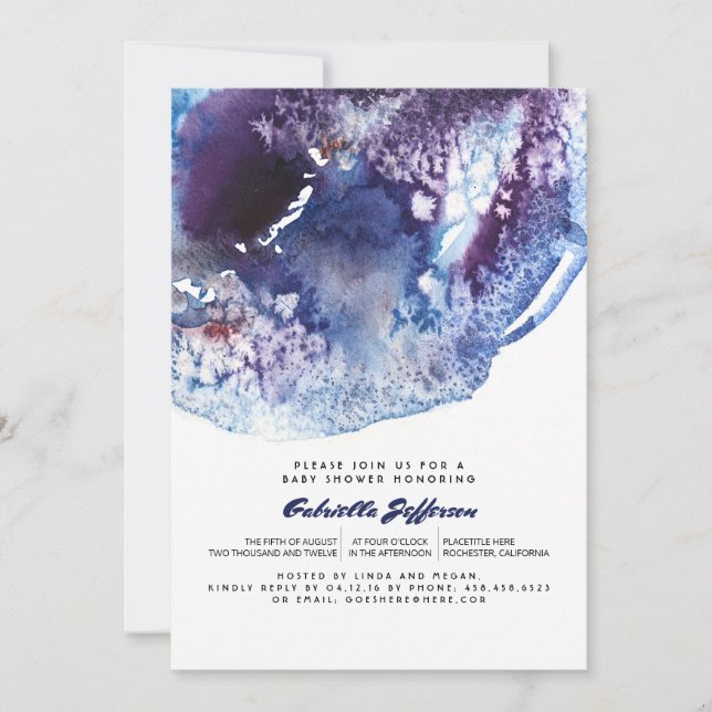 Indigo Blue Modern Watercolor Crystals Baby Shower Invitation (Front)