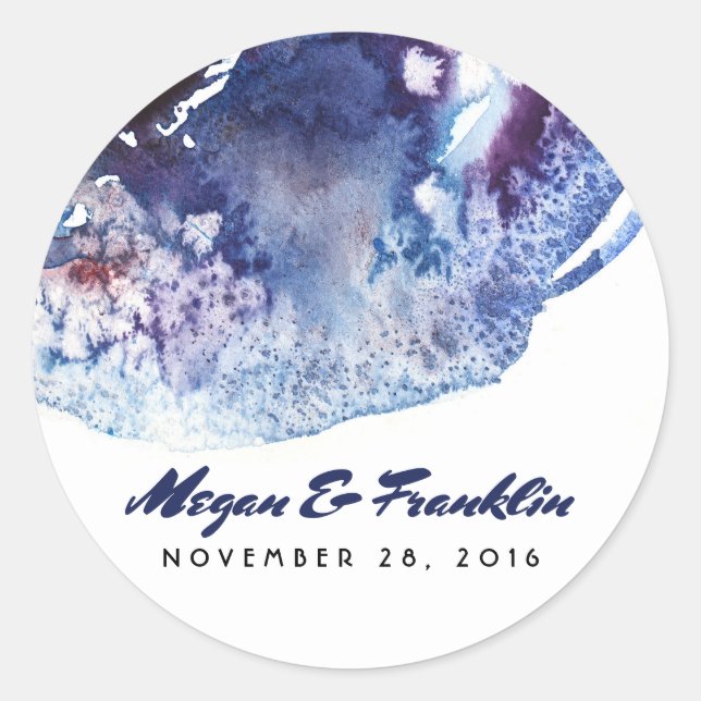 Indigo Blue Modern Watercolor Crystals Wedding Classic Round Sticker (Front)
