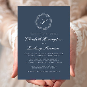 Indigo Blue Monogram Wreath White Script Wedding Invitation