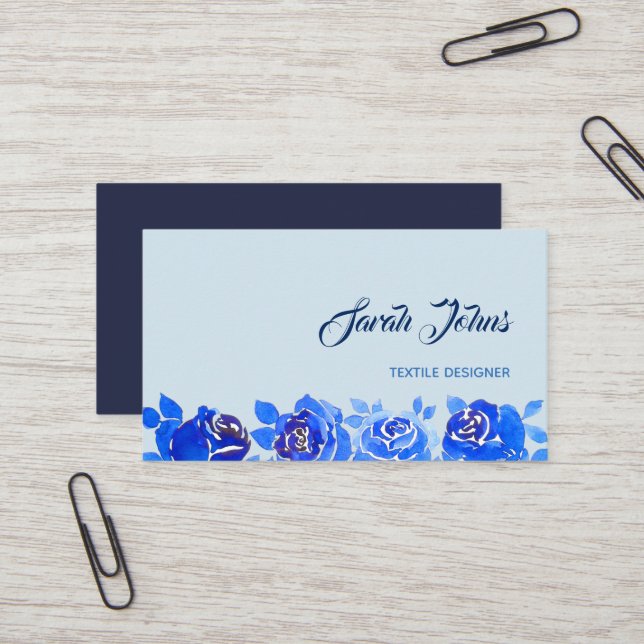 Indigo Blue Neon Rose in Midnight Business Card (Front/Back In Situ)
