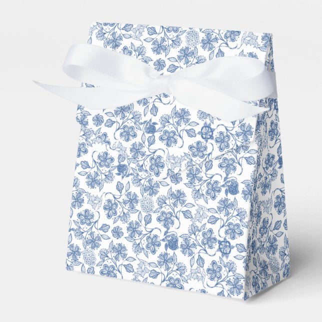 Indigo Blue on White Ethnic Floral Tent Favour Box (Front Side)