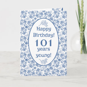 Indigo Blue on White Floral 101st Birthday Card