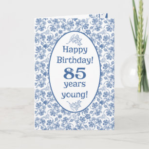 Indigo Blue on White Floral 85th Birthday Card