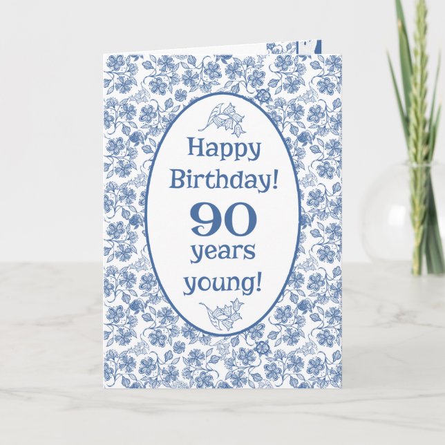 Indigo Blue on White Floral 90th Birthday Card (Front)