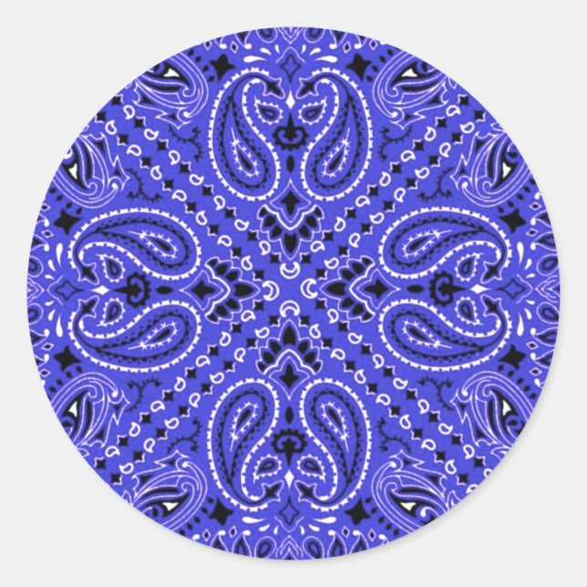 Indigo Blue Paisley Western Bandanna Scarf Print Classic Round Sticker (Front)