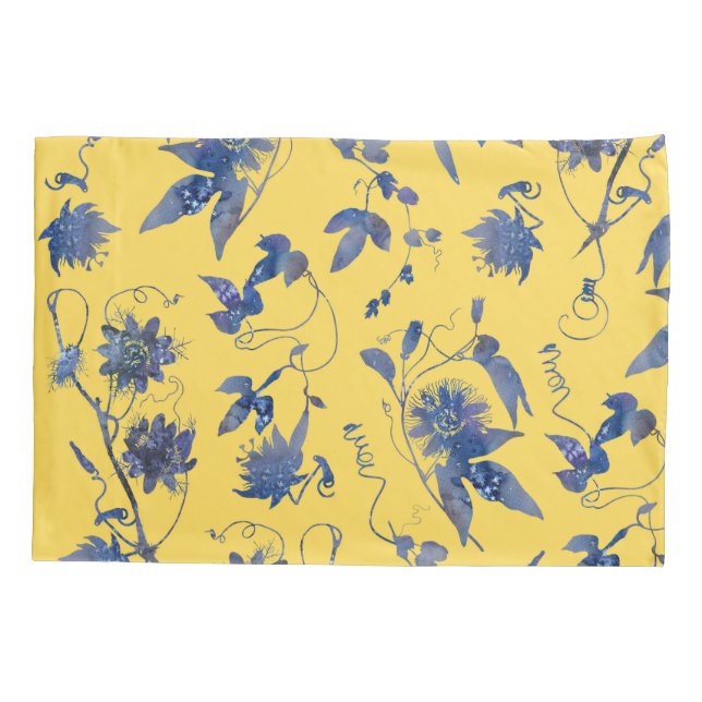Indigo Blue Passion Flowers on Mustard Yellow Pillowcase (Back)
