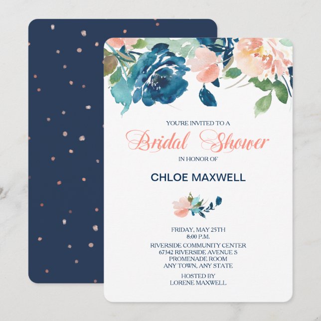 Indigo Blue Peach Roses Bridal Shower Invitation (Front/Back)