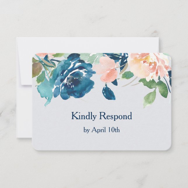 Indigo Blue Peach Roses Wedding RSVP Card (Front)