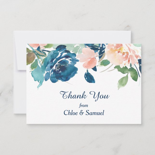 Indigo Blue Peach Roses Wedding Thank You (Front)