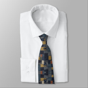 Indigo Blue Sashiko & Kasuri Patchwork Tie