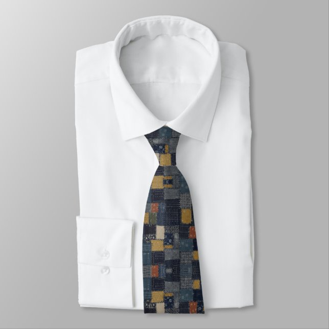 Indigo Blue Sashiko & Kasuri Patchwork Tie (Tied)