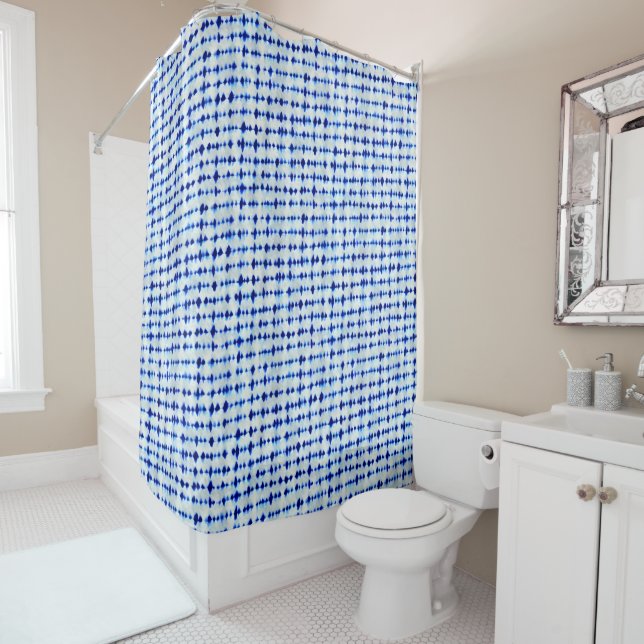 Indigo Blue Shibori Pattern Shower Curtain (In Situ)