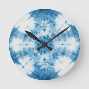Indigo Blue Shibori Tie Dye Pattern Round Clock