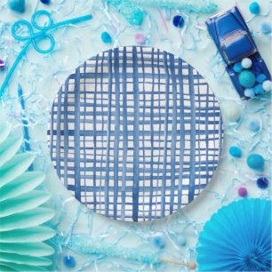 Indigo blue Shibori watercolor grid pattern  Paper Plate