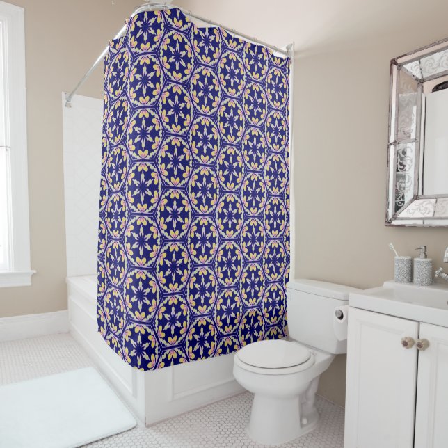 Indigo Blue Spanish Mediterranean Tile Pattern Shower Curtain (In Situ)