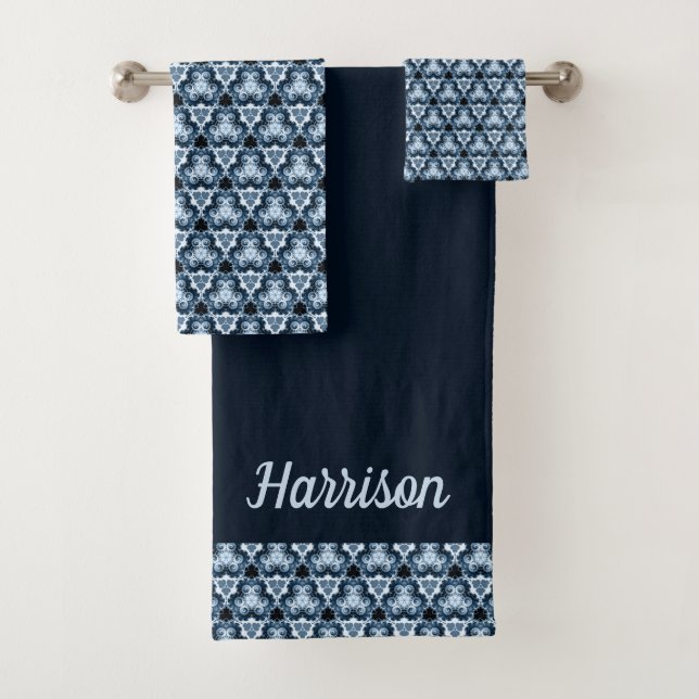 Indigo Blue Swirl Pattern Bath Towel Set (Insitu)