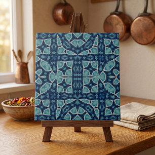 Indigo Blue Symmetrical Geometric Mosaic Art Tile