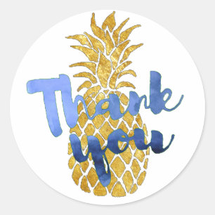 indigo blue thank you on gold pineapple classic round sticker